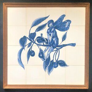 HUGE! Delft Blue 16 Tile Tableau FUN Fantasy "Fairy & Cherries" Wall Plaque